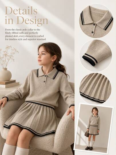 SHEIN Explorewe Girls' Fashion Academy Style Navy Collar Handmade Bow Knitted Sweater Long Sleeve Skirt Set Pullover