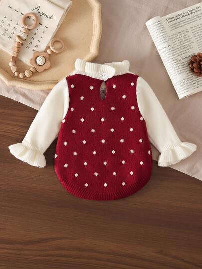 SHEIN Baby Girls Sweater Onesies, Infant Toddler Pullover Long Sleeve Romper Jumpsuit, Autumn/Winter, White Polka Dot Babygirl Fairy Family Matching