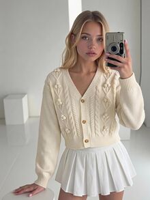 SHEIN Girls Floral Cable Knit Cardigan, Fashion Intricate Craft Long Sleeve Jacket, Soft Fall Winter, Christmas Halloween Daily School Wear - White - View 7