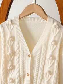SHEIN Girls Floral Cable Knit Cardigan, Fashion Intricate Craft Long Sleeve Jacket, Soft Fall Winter, Christmas Halloween Daily School Wear - White - View 4