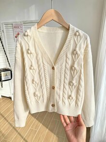 SHEIN Girls Floral Cable Knit Cardigan, Fashion Intricate Craft Long Sleeve Jacket, Soft Fall Winter, Christmas Halloween Daily School Wear - White - View 10