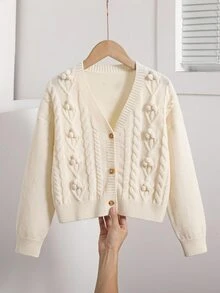 SHEIN Girls Floral Cable Knit Cardigan, Fashion Intricate Craft Long Sleeve Jacket, Soft Fall Winter, Christmas Halloween Daily School Wear - White - View 1