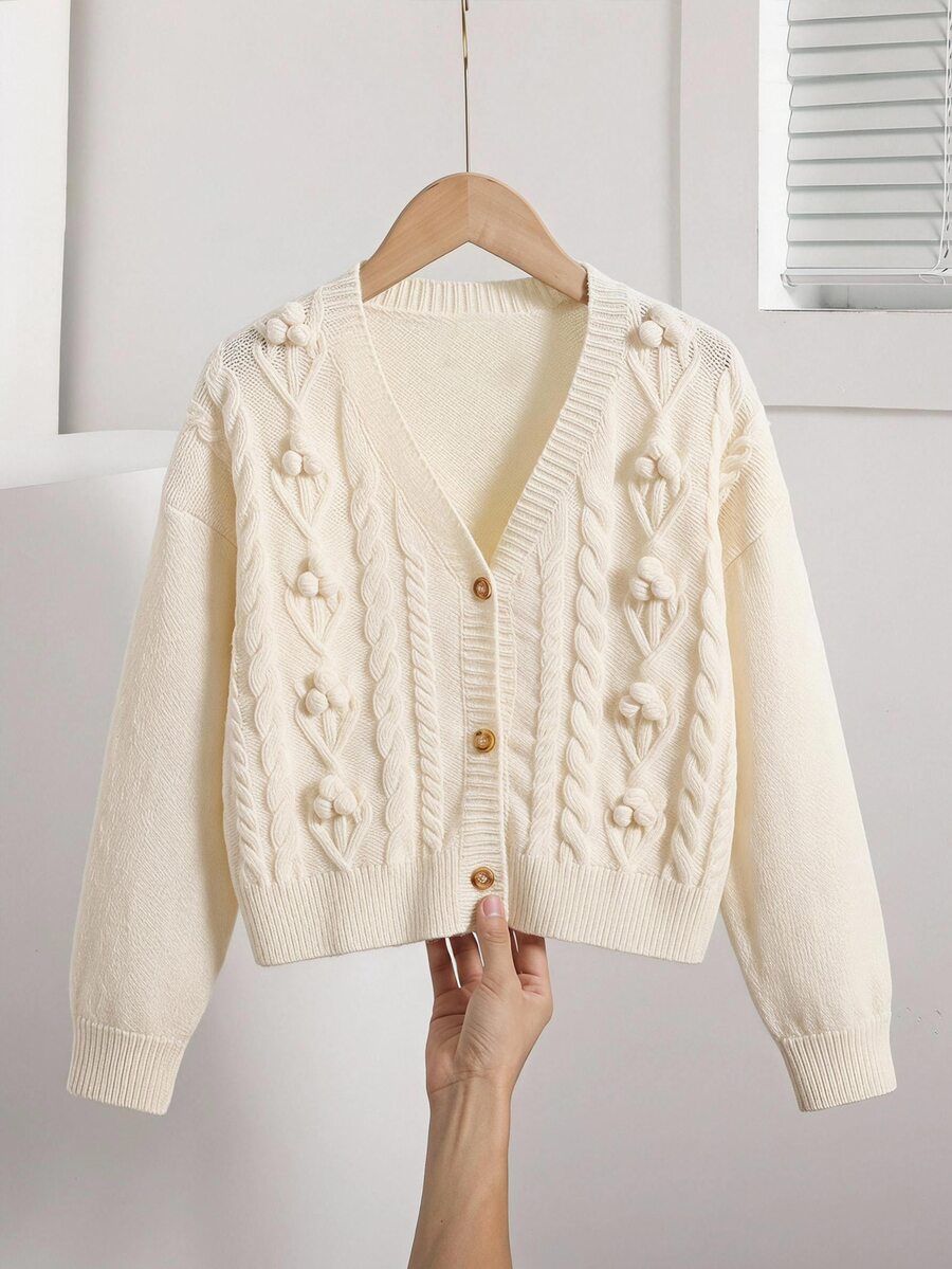 SHEIN Girls Floral Cable Knit Cardigan, Fashion Intricate Craft Long Sleeve Jacket, Soft Fall Winter, Christmas Halloween Daily School Wear - White - View 1