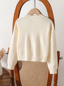 SHEIN Girls Floral Cable Knit Cardigan, Fashion Intricate Craft Long Sleeve Jacket, Soft Fall Winter, Christmas Halloween Daily School Wear - White - View 2