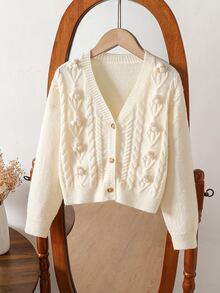 SHEIN Girls Floral Cable Knit Cardigan, Fashion Intricate Craft Long Sleeve Jacket, Soft Fall Winter, Christmas Halloween Daily School Wear - White - View 8