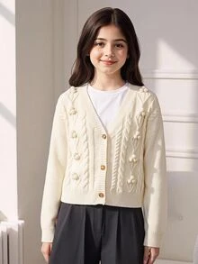 SHEIN Girls Floral Cable Knit Cardigan, Fashion Intricate Craft Long Sleeve Jacket, Soft Fall Winter, Christmas Halloween Daily School Wear - White - View 9