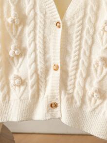SHEIN Girls Floral Cable Knit Cardigan, Fashion Intricate Craft Long Sleeve Jacket, Soft Fall Winter, Christmas Halloween Daily School Wear - White - View 3
