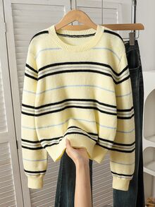 SHEIN Fall Winter Teen Girl Contrast Striped Pattern Long Sleeve Sweater Pullover, Back To School, Cozy Soft, Festival Christmas - Yellow - View 9