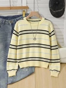SHEIN Fall Winter Teen Girl Contrast Striped Pattern Long Sleeve Sweater Pullover, Back To School, Cozy Soft, Festival Christmas - Yellow - View 1