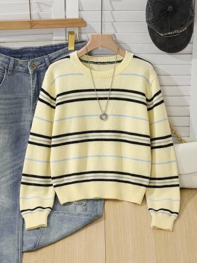 SHEIN Fall Winter Teen Girl Contrast Striped Pattern Long Sleeve Sweater Pullover, Back To School, Cozy Soft, Festival Christmas