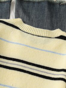 SHEIN Fall Winter Teen Girl Contrast Striped Pattern Long Sleeve Sweater Pullover, Back To School, Cozy Soft, Festival Christmas - Yellow - View 5