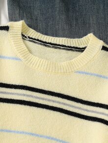 SHEIN Fall Winter Teen Girl Contrast Striped Pattern Long Sleeve Sweater Pullover, Back To School, Cozy Soft, Festival Christmas - Yellow - View 6
