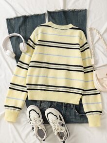 SHEIN Fall Winter Teen Girl Contrast Striped Pattern Long Sleeve Sweater Pullover, Back To School, Cozy Soft, Festival Christmas - Yellow - View 2
