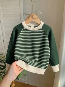 SHEIN 幼童男童秋季白色圓領長袖拼色針織毛衣，返校穿搭，舒適柔軟，聖誕生日幼兒園適用 - 墨綠色 - 查看 1