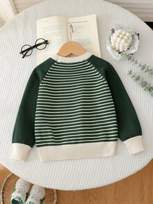 SHEIN 幼童男童秋季白色圓領長袖拼色針織毛衣，返校穿搭，舒適柔軟，聖誕生日幼兒園適用 - 墨綠色 - 查看 2