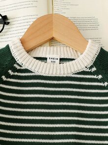 SHEIN 幼童男童秋季白色圓領長袖拼色針織毛衣，返校穿搭，舒適柔軟，聖誕生日幼兒園適用 - 墨綠色 - 查看 6