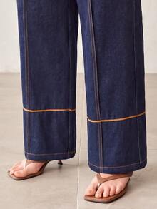 MOTF PREMIUM PLUS SIZE WOMEN'S HIGH WAIST SEAM FRONT WIDE LEG JEANS - Navy Blue - View 4