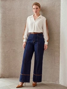 MOTF PREMIUM PLUS SIZE WOMEN'S HIGH WAIST SEAM FRONT WIDE LEG JEANS - Navy Blue - View 1