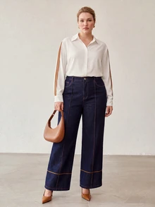 MOTF PREMIUM PLUS SIZE WOMEN'S HIGH WAIST SEAM FRONT WIDE LEG JEANS - Navy Blue - View 3