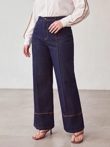 MOTF PREMIUM PLUS SIZE WOMEN'S HIGH WAIST SEAM FRONT WIDE LEG JEANS - Navy Blue - View 6