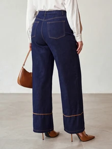MOTF PREMIUM PLUS SIZE WOMEN'S HIGH WAIST SEAM FRONT WIDE LEG JEANS - Navy Blue - View 5