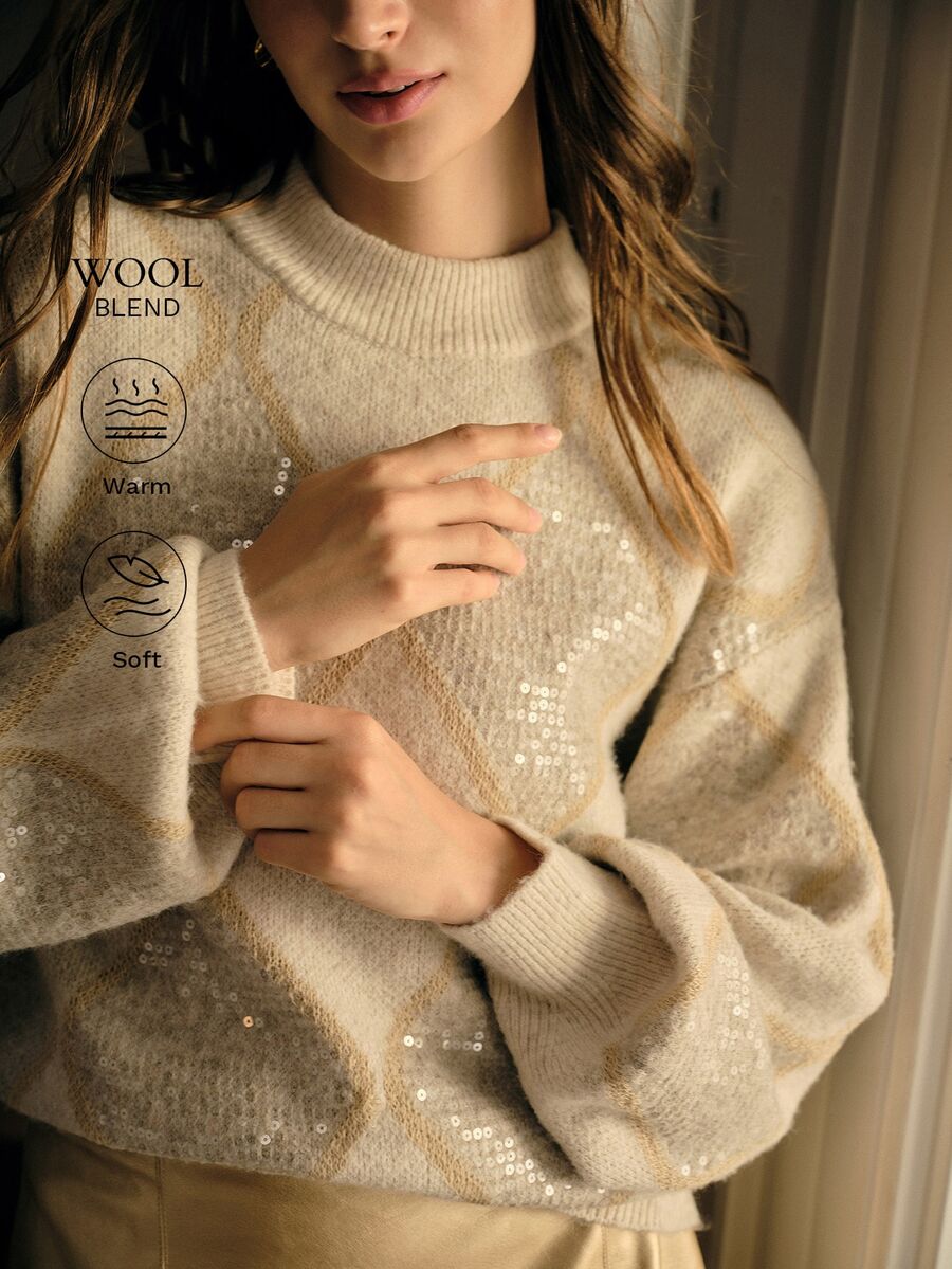 MOTF SWEATER WANITA UNTUK MUSIM GUGUR/DINGIN, MOTIF PAYET KOTAK-KOTAK, KERAH TEGAK, DAN BAHU JATUH. - Aprikot - View 1