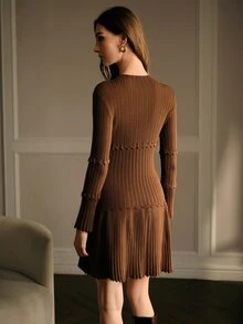 MOTF PREMIUM WOMEN'S SOLID COLOR WOOL SCALLOPED TRIM SWEATER DRESS - Brown - View 3