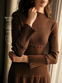 MOTF PREMIUM WOMEN'S SOLID COLOR WOOL SCALLOPED TRIM SWEATER DRESS - Brown - View 1