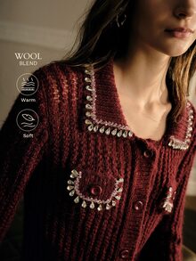 MOTF PREMIUM WOMEN'S AUTUMN/WINTER RHINESTONE CHAIN DECORATED CROCHET LONG SLEEVE KNIT CARDIGAN - Burgundy - View 1
