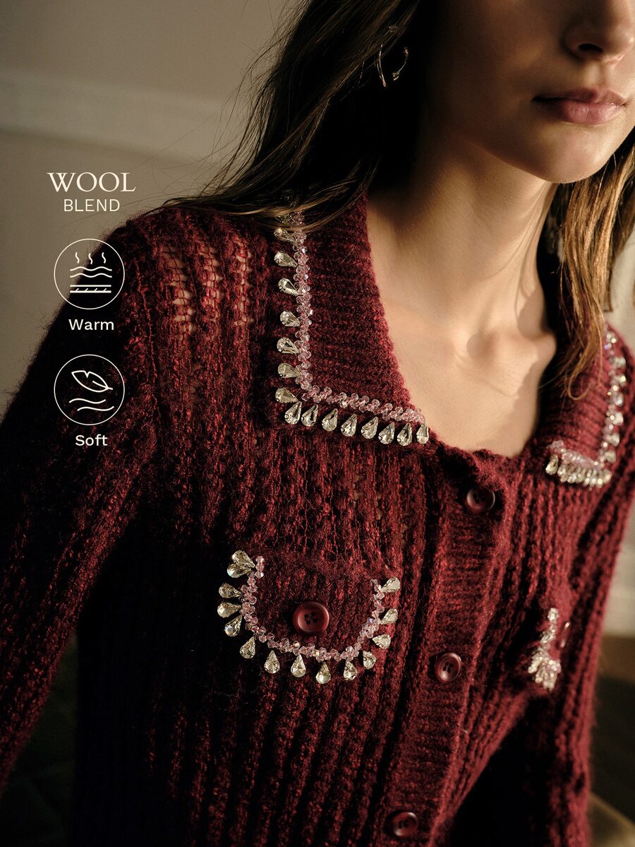MOTF PREMIUM WOMEN'S AUTUMN/WINTER RHINESTONE CHAIN DECORATED CROCHET LONG SLEEVE KNIT CARDIGAN - Burgundy - View 1