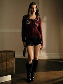 MOTF PREMIUM WOMEN'S AUTUMN/WINTER RHINESTONE CHAIN DECORATED CROCHET LONG SLEEVE KNIT CARDIGAN - Burgundy - View 5