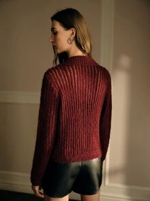 MOTF PREMIUM WOMEN'S AUTUMN/WINTER RHINESTONE CHAIN DECORATED CROCHET LONG SLEEVE KNIT CARDIGAN - Burgundy - View 7