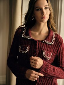 MOTF PREMIUM WOMEN'S AUTUMN/WINTER RHINESTONE CHAIN DECORATED CROCHET LONG SLEEVE KNIT CARDIGAN - Burgundy - View 4