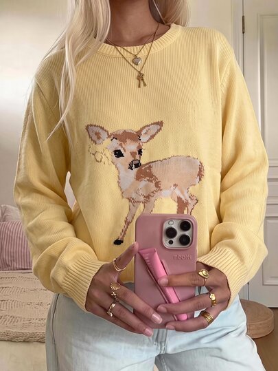CovetEZ Sweat-shirt en tricot à manches longues pour femmes avec motif de cerf jaune crème dopamine d'automne, le jaune crème vous fait paraître plus jeune et plus énergique, style automne/hiver, convient pour les trajets quotidiens, les rendez-vous, les rassemblements, l'automne/hiver, l'été, les fêtes, les mariages, la plage, les cérémonies de remise des diplômes et autres occasions, élégant et décontracté, convient pour les sorties, le style Y2K, les festivals de musique et autres occasions