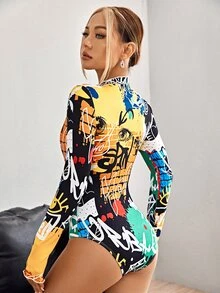 SHEIN ICON 塗鴉圖案木耳邊小高領連身背心 - 彩色 - 查看 6