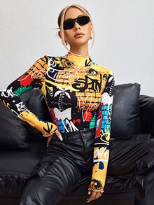 SHEIN ICON 塗鴉圖案木耳邊小高領連身背心 - 彩色 - 查看 5