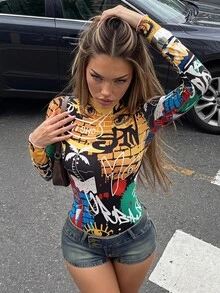 SHEIN ICON 塗鴉圖案木耳邊小高領連身背心 - 彩色 - 查看 1