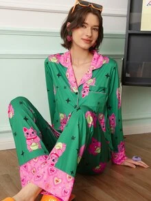 Chillnights Young Fashion Leopard Leaf Star & Stripe Print Lapel Open Front Long Sleeve Pants Pajama Set For Women - Green - View 1
