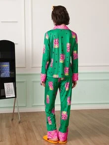 Chillnights Young Fashion Leopard Leaf Star & Stripe Print Lapel Open Front Long Sleeve Pants Pajama Set For Women - Green - View 2