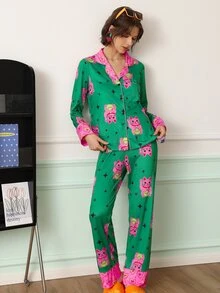 Chillnights Young Fashion Leopard Leaf Star & Stripe Print Lapel Open Front Long Sleeve Pants Pajama Set For Women - Green - View 3