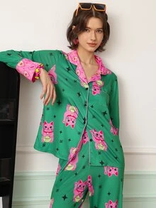 Chillnights Young Fashion Leopard Leaf Star & Stripe Print Lapel Open Front Long Sleeve Pants Pajama Set For Women - Green - View 5