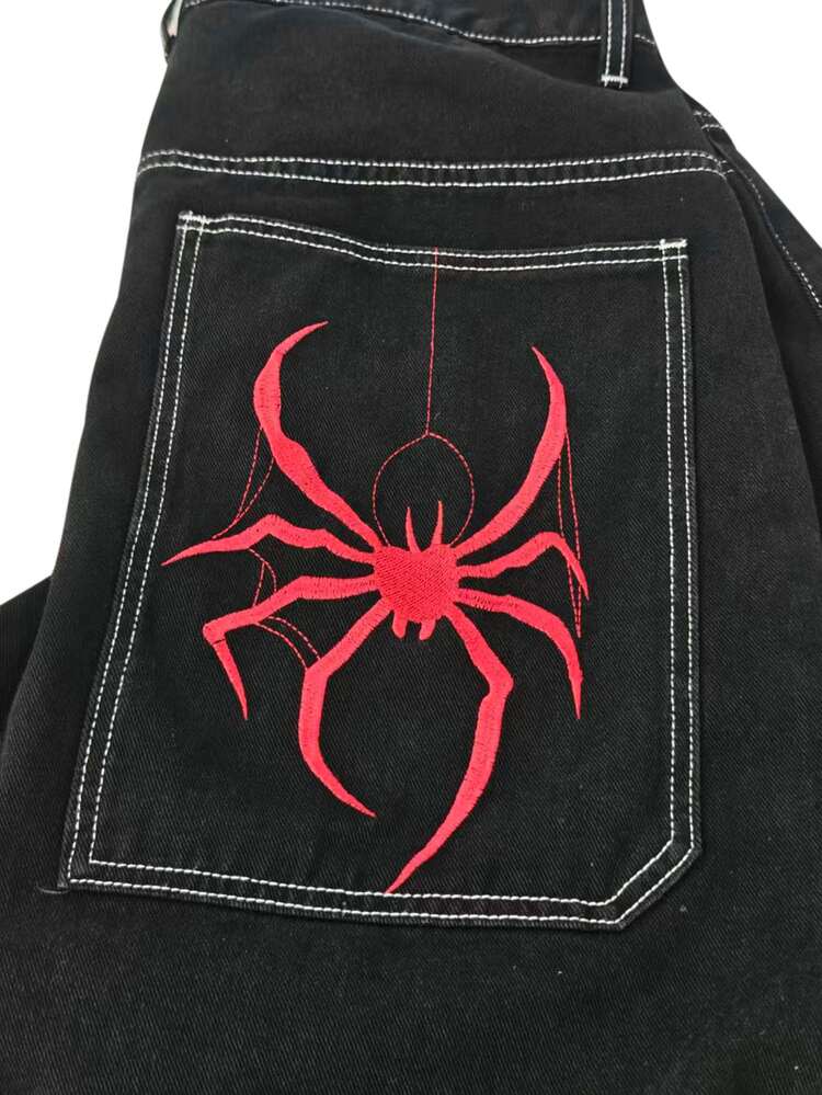 GALLERY FADE Men Y2K Punk Red Spider Spiderweb Embroidery Baggy Jeans Street Skater Loose Black Denim Pants - Black - View 5