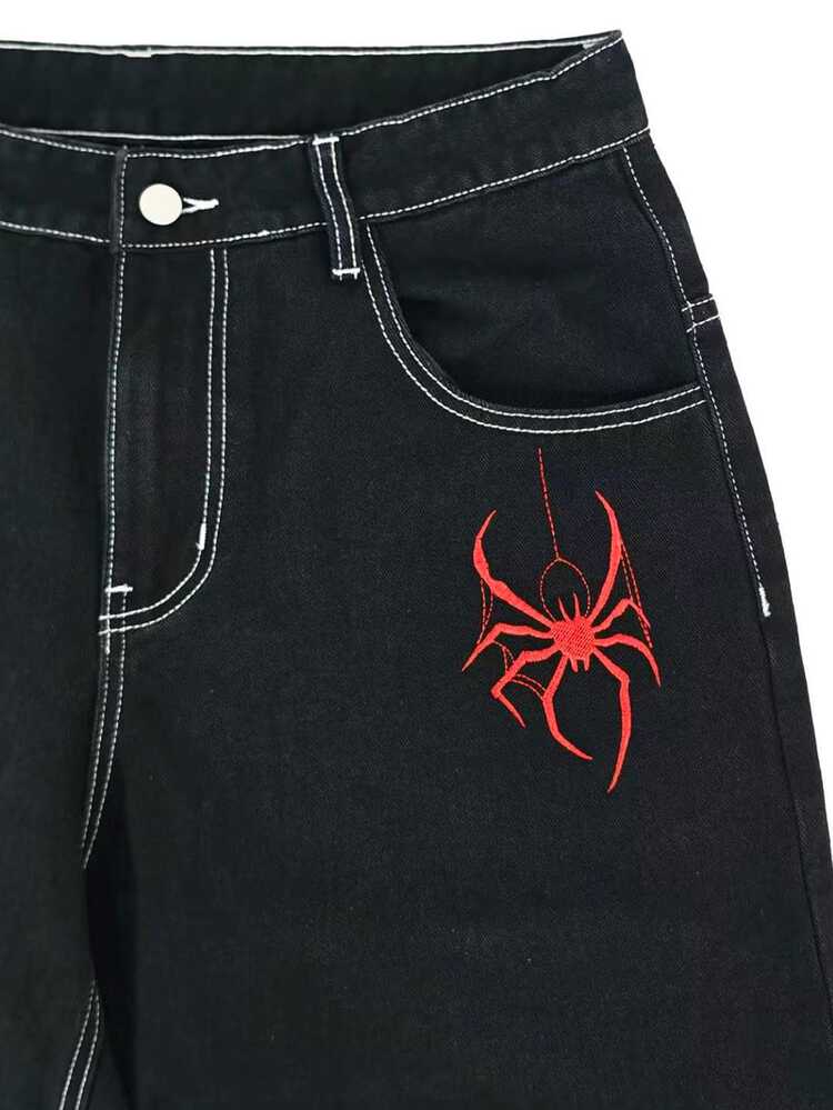 GALLERY FADE Men Y2K Punk Red Spider Spiderweb Embroidery Baggy Jeans Street Skater Loose Black Denim Pants - Black - View 3