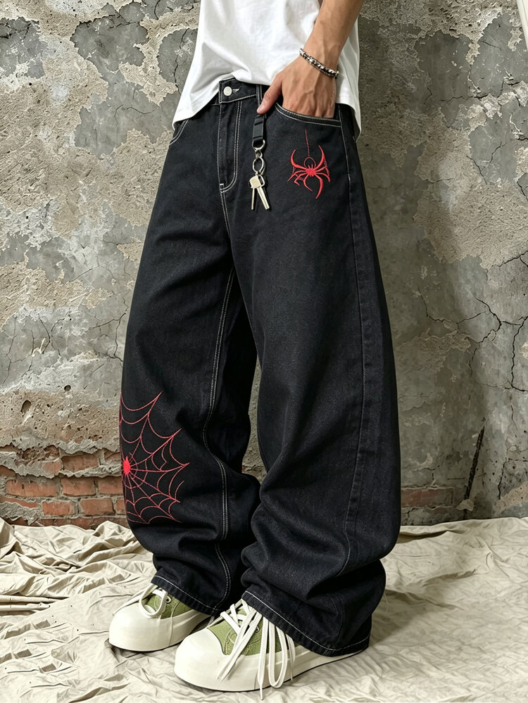 GALLERY FADE Men Y2K Punk Red Spider Spiderweb Embroidery Baggy Jeans Street Skater Loose Black Denim Pants - Black - View 1