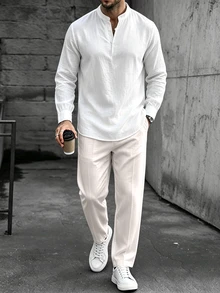 VENTUSAIL Men's Skin-Friendly Linen-Like -Free Fabric Long Sleeve Shirt And Pants - White - View 5