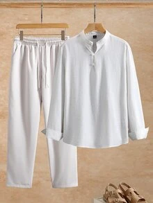 VENTUSAIL Men's Skin-Friendly Linen-Like -Free Fabric Long Sleeve Shirt And Pants - White - View 4