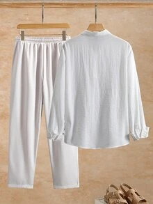 VENTUSAIL Men's Skin-Friendly Linen-Like -Free Fabric Long Sleeve Shirt And Pants - White - View 2