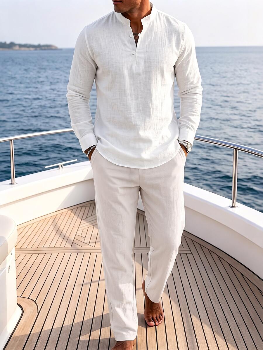 VENTUSAIL Men's Skin-Friendly Linen-Like -Free Fabric Long Sleeve Shirt And Pants - White - View 1
