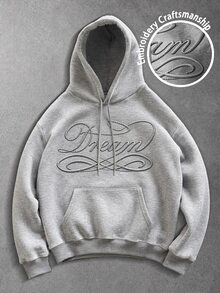 Manfinity EMRG 男士秋冬字母刺繡口袋設計休閒抽繩連帽衛衣 - 灰色 - 查看 2