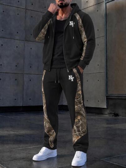 Manfinity Homme Men's 2-Piece Letter Graphic & Woodland Print Tracksuit, Zip Hoodie And Pants For Streetwear, Fall Clothes, Fall Outfits & New Fall Styles